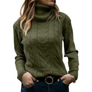 Womens Army Green Pull On Cable Knit Turtleneck Long Sleeve Casual Warm Sweaters
